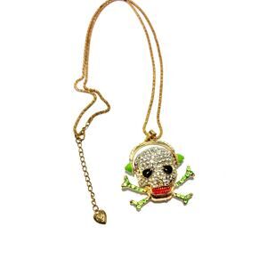 Betsey Johnson SILVER GREEN Rhinestone & Enamel Music Skull Necklace